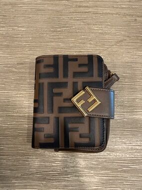 Fendi Brown and Black FF Logo Leather Zip Wallet with Gold Hardware